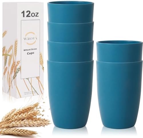 Wrova Wheat Straw Cups 6 PCS Good Alternative to Plastic Reusable Cups 12 oz Unbreakable Drinking Cup Reusable Dishwasher Safe Water Plastic Glasses Navy Blue