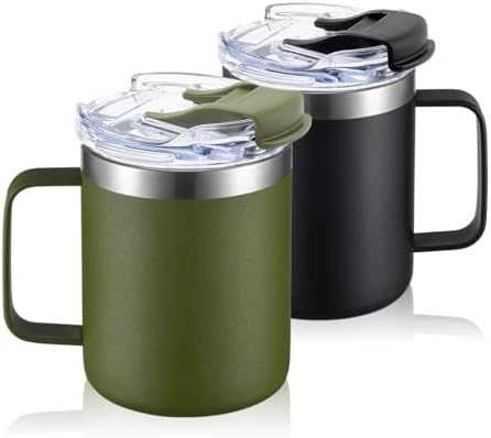 12oz Insulated Travel Coffee Mug with Handle, Black and Army Green