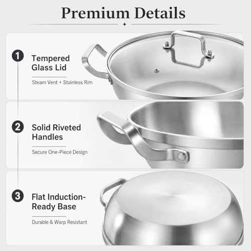 Delarlo Tri-Ply Stainless Steel Hot Pot 14 inch Everyday pan With lid,7QT