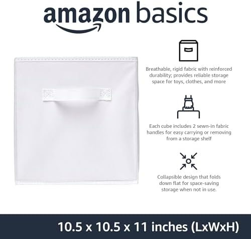 Amazon Basics Collapsible Fabric Storage Cubes Organizer with Handles,Sturdy,White,10.5-x-10.5-x-11-inch,6 Count (Pack of 5)