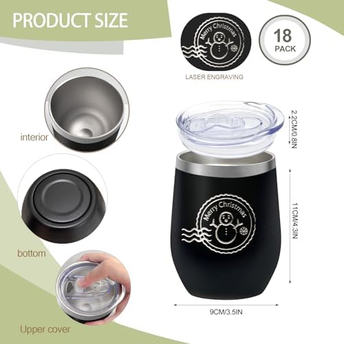 18 Pack Stainless Steel Wine Tumbler with lid, 12oz Insulated Powder Coated Wine Tumbler Stemless Double Wall Vacuum Wine Glass Coffee Tumbler Bulk Laser Engrave, DIY Gift, 18 Colors