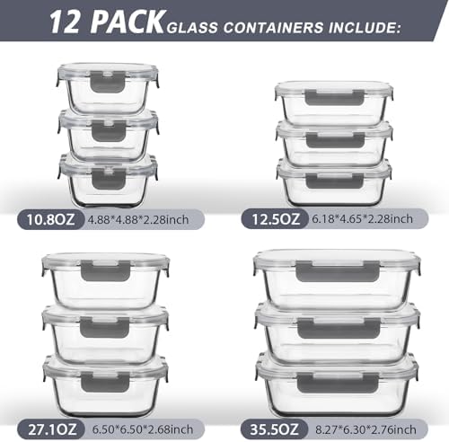 AILTEC 12 Pack Glass Meal Prep Containers Set, Airtight Snap Lids, 4 Sizes