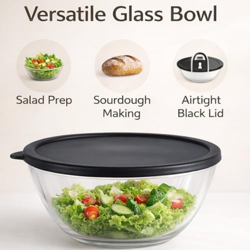 4.9 Quart Large Glass Mixing Bowl with Lid, Clear Glass Bowl for Bread Dough Mixing, Bread Making, Salad Serving, Food Prep & Storage