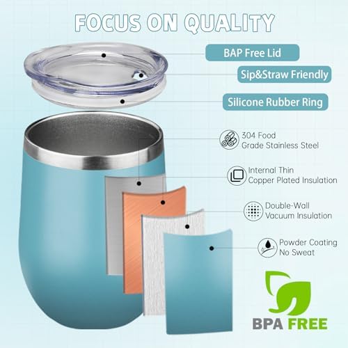 12oz/6 Pack Stainless Steel Wine Tumbler with Lid and Straw, Double Wall Vacuum Insulated Wine Tumbler Glasses, Stemless Travel Mugs for Hot and Cold Drinks, Coffee, Wine, Cocktails