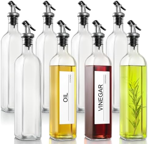 gmisun Olive Oil Dispenser Bottle for Kitchen, 8 Pack 17 Fl Oz Glass Oil Dispensers Bottles, Clear Cooking Vegetable Oil Dispenser Container Cruet Set with Plastic Pourer Spout, Funnel and Labels