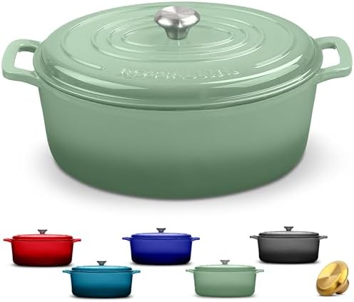 ROSSALLINI Signature Enameled Cast Iron Oval Dutch Oven | Non-Stick Serving Pot with Tight Fitting Lid for Perfect Roasting, Baking, Sauteing, and Bread Making | 6.75Q [Sage]