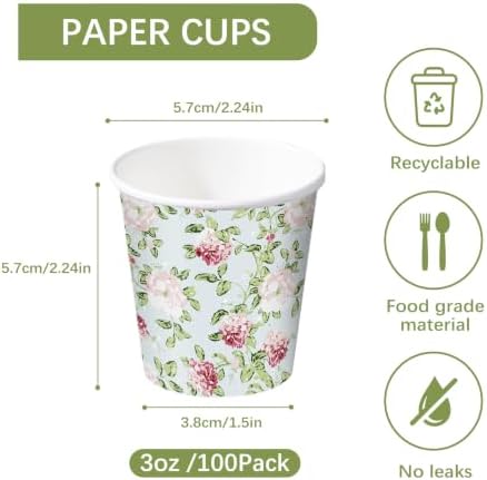 RUSPEPA 3oz Vintage Floral Paper Cups, 100 Pack Blue Pink Rose and Green Vine Design Disposable Small Party Cups for Bathroom, Mouthwash, Espresso, Wedding, Bridal Shower, Garden Tea Party Supplies