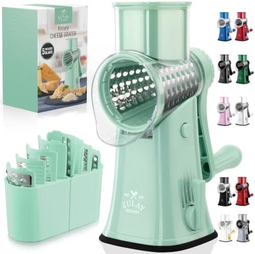 Rotary Cheese Grater Manual Hand Crank 5 Blade Shredder, Mint