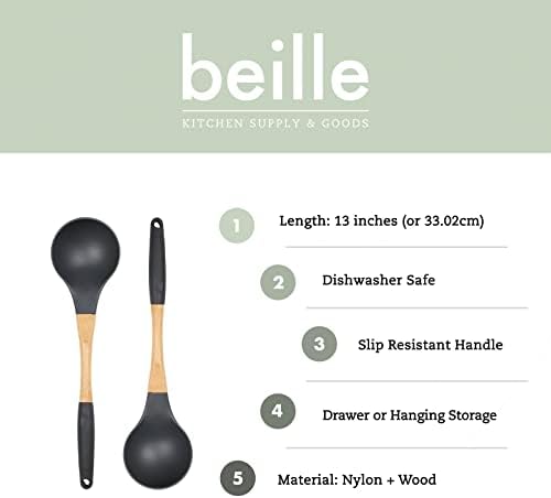 Beille Grey Nylon Ladle with Soft Grip Ergonomic Wooden Handle Kitchen Utensils, 13 Inch