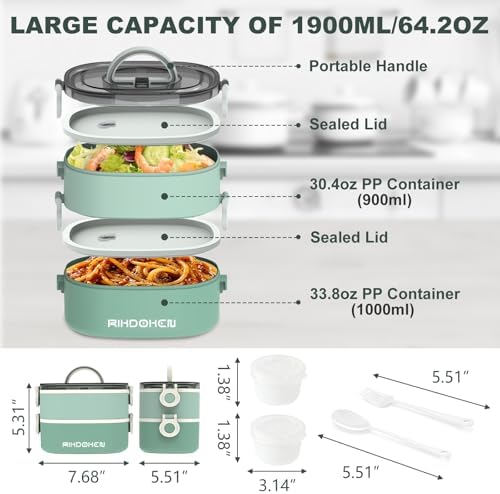 RIKDOKEN Lunch Box, Stackable 2 Layers Containers, Portable 64OZ Large Capacity Leakproof Bento Box with Spoon & Fork & Sauce Boxes, Microwave Safe Lunch Box for Kids and Adults
