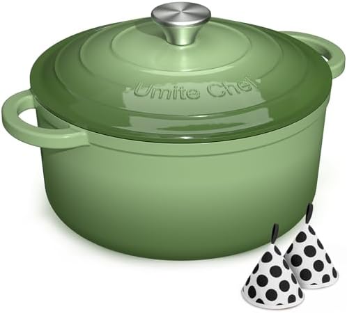 Umite Chef Enameled Cast Iron Dutch Oven-7QT Pot with Lid Cookbook & Cotton, Heavy-Duty Cookware for for Bread Baking, Braising, Stews, Marinate, Cook(Sage Green)