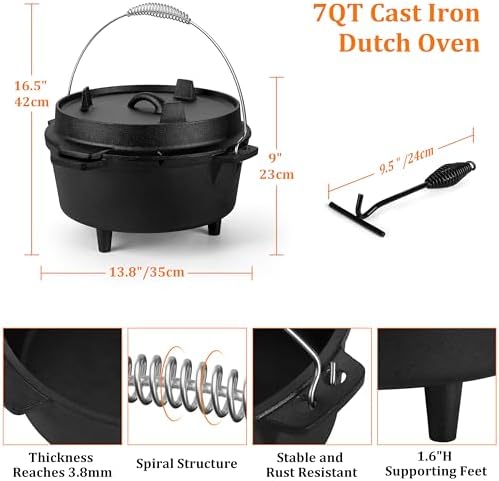 Leonyo 7QT Pre-Seasoned Dutch Oven Camping with Lid Lifter, 2-in-1 Pots