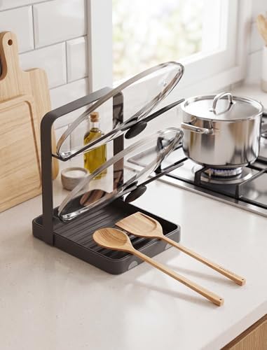NiHome Pot Lid Holder and Spoon Rest with Removable Drip Tray – Black Iron Kitchen Counter Organizer for Cooking Utensils, Ladles, Spatulas, Cutting Boards & Cookware