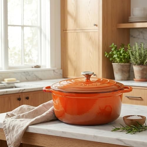 Zulay Kitchen 6 Quart Enameled Cast Iron Dutch Oven Pot with Lid – Premium Durability & Oven Safe up to 500°F – Heavy Duty Cookware Perfect for Bread Baking, Stews, Braising & Roasting – Orange
