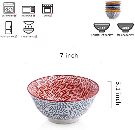 Selamica 7 inches Porcelain Cereal Bowl Set - Set of 6, Ceramic bowls, Soup Bowl Set for Cereal, Soup, Salad and Pasta, Assorted Colors