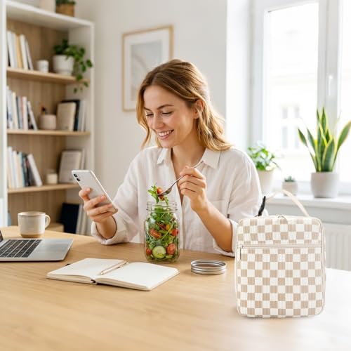 Lunch Box for Women Men Adult Insulated Lunch Bag Women Men Small Reusable Lunchbox for Work Picnic Travel (Beige-Brown Plaid)
