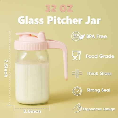 32oz Glass Pitcher with Lid & V-shaped Pour Spout - 1 Quart Double Leak Proof, Creamer Container for Sun Tea, Juice, Cold Brew Coffee, Breastmilk Storage Container