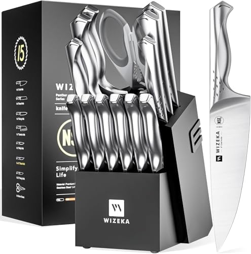WIZEKA Knife Set with Block 15Pcs, High Carbon Stainless Steel, Razor-Sharp