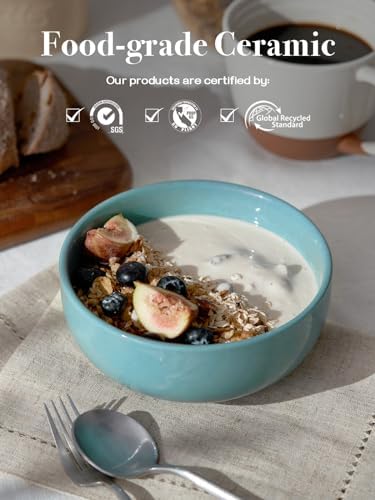 DOWAN 22 OZ Ceramic Soup Bowls & Cereal Bowls - 6" Classic Bowls Set of 4 for Soup, Cereal, Oatmeal, Fruit, Rice - Dishwasher & Microwave Safe (Turquoise)