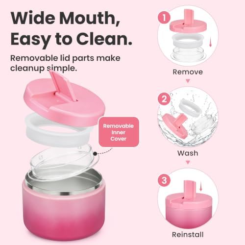 Pawtong 12oz Insulated Vacuum Food Jar with Buckle Lid Wide Mouth Soup Thermo for Hot Food Kids Leakproof Stainless Steel Lunch Container (Gradient Pink, 12OZ)