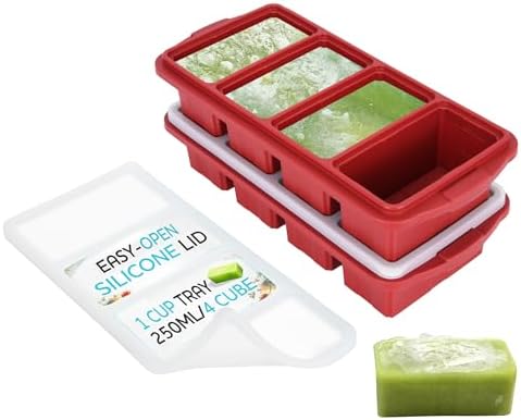 XOMOO Silicone Freezer Tray With Lid - Soup Freezer Container molds - Large Ice Cube Tray- makes 8 perfect 1 cup portions cubes, 2-Pack Freezer Storage Food Soups & Meal Prep - Oven & Dishwasher -Safe