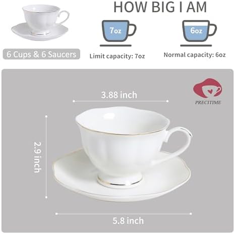 6oz Porcelain Tea Cup & Saucer Set of 6, White with Gold, Party