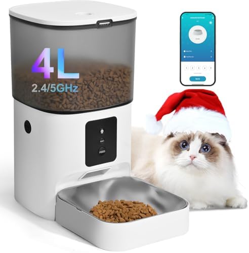 ANDOLL HOME 2.4G/5G Automatic Cat Feeder, 4L WiFi Food Dispenser with 10s Voice Recorder, Pet Feeder up to 10 Meals per Day, Timed Cat Feeder with Dry Food Sealed Ring