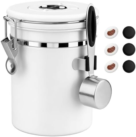 ShanSon Coffee Canister Airtight, Stainless Steel Bean Storage Container with Date Tracker & Scoop, Grounds Sugar Flour Tea Cereal Fits Kitchen Pantry, Ideal Gift for Coffee Lovers,22oz, White