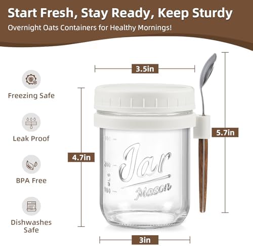 LANDNEOO 4 Pack Overnight Oats Containers with Lids and Spoons, 16 oz Glass Mason Jars with Airtight Lids, Overnight Oats Jars for Milk, Cereal, Fruit-White