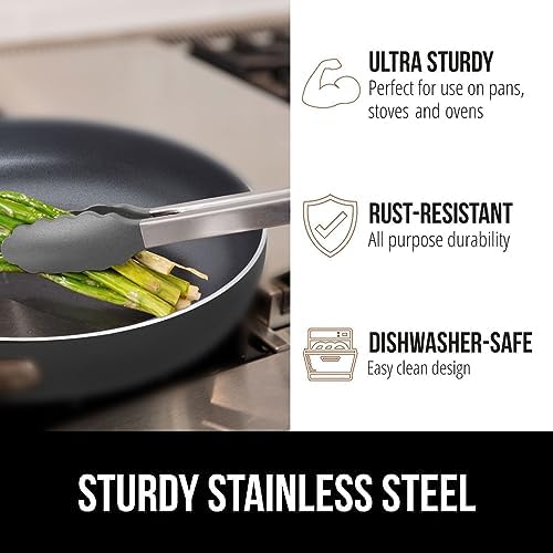 GORILLA GRIP Stainless Steel Kitchen Tongs for Cooking, 2 PK, Gray