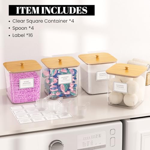 HomePekite Laundry Pods Storage Container, Clear Acrylic Laundry Room Organization and Storage ,Detergent Powder Container,with Wooden Lids & Labels, 4 Pack