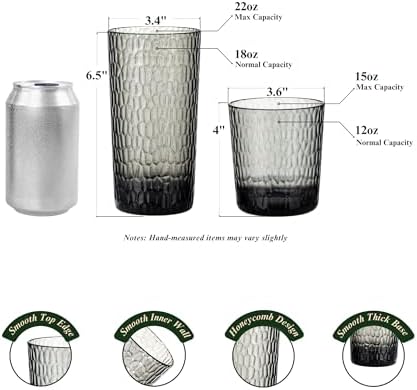 15oz and 22oz Grey Acrylic Glasses Drinkware (Set of 8), Honeycomb Stackable Shatter-Proof Plastic Tumblers, Reusable Plastic Drinking Glasses, BPA-Free, Dishwasher-Safe