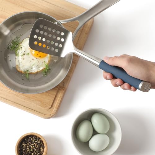 Calphalon Slotted Turner, Kitchen Flipping Spatula, Stainless Steel with Silicone Heat Resistance Handle, Nonstick-Safe Spatula for Draining and Flipping (Navy), Slotted Turner (Pack of 4)