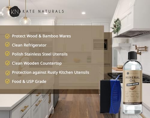 Kate Naturals Mineral Oil for Cutting Board 12oz with Wax Applicator