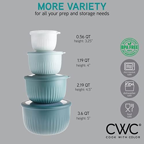COOK WITH COLOR 4pc Plastic Mixing Bowl Set with Lids (Teal Ombre, 210 ml, 550 ml, 1150 ml, 3500 ml) - Sturdy, Nesting, BPA Free, Dishwasher Safe, Food Safe, Bowls for Cooking and Baking