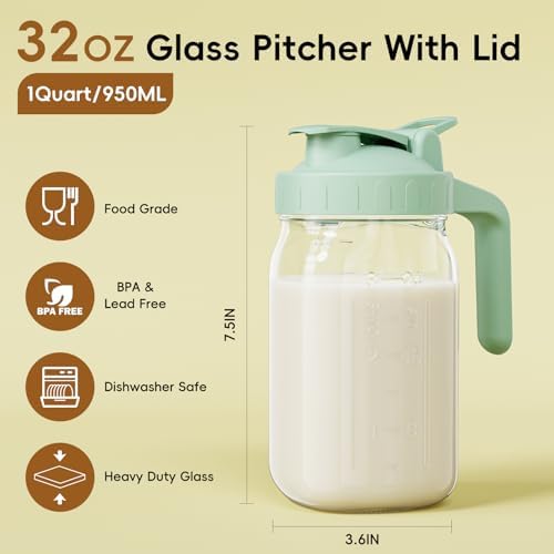 JunVpic Breast Milk Pitcher, 32 oz Wide Mouth Glass Mason Jar with Lid