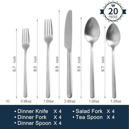 KINGSTONE Silverware Set, 20 Piece Flatware Cutlery Set for 4, 18/10 Stainless Steel Silverware Mirror Polished Dishwasher Safe for Home, Restaurant, Wedding, Party, Matte Silver