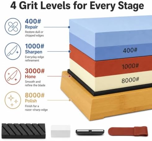 Knife Sharpening Stone Set, 400/1000 3000/8000 Grit Whetstone Kit for Knife