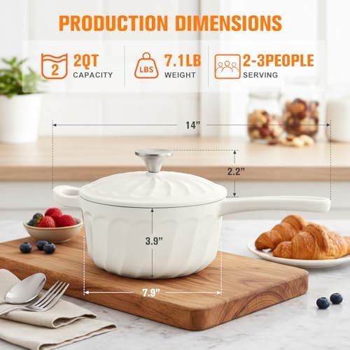 Enameled Cast Iron Sauce Pan with Lid, 2 Quart Saucepan with Lid