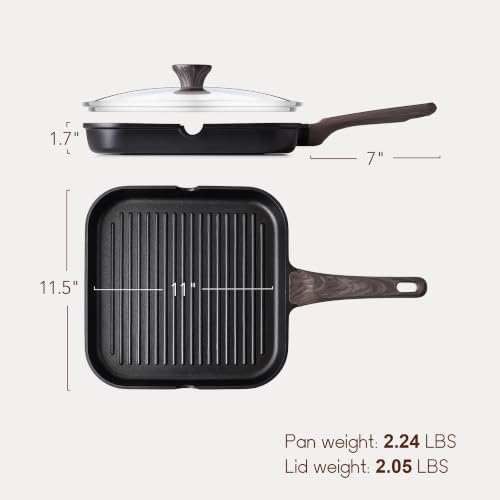 SENSARTE Nonstick Grill Pan with Lid, Grill Pan for Stove Tops, Versatile Griddle with Pour Spouts, Square Big Cooking Surface, Durable Skillet Indoor & Outdoor Grilling. PFOA Free, 11 Inch