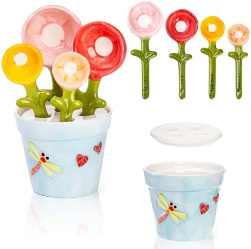 Coloch 5Pcs Ceramic Measuring Spoons and Cup, Flower Baking Scale Spoons with Base Set for Dry and Liquid Ingredient, 1/4 tsp, 1/2 tsp, 1 tsp, 1 Tbsp