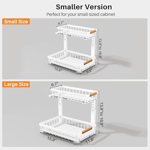 PXRACK Under Sink Organizer, Adjustable Height, 2 Tier Pull Out Under Cabinet Organizer, Slide Out Thickened Metal Under Sink Storage for Kitchen Bathroom Laundry Pantry Cabinet, White, Small-1-Pack