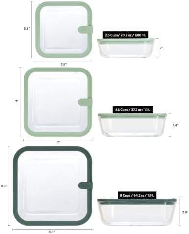 Glad Glass Food Storage Containers, Set of 3 - Airtight Vacuum Sealed Steam Vent Lids - Square Borosilicate Glass Dishes with Ombre Green Lids - Assorted Sizes for Meal Prep & Leftovers, Sage
