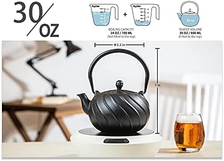 Tea Kettle, TOPTIER Japanese Cast Iron Teapot with Infuser, Cast Iron Tea Kettle Stovetop Safe, Wave Design Teapot Coated with Enameled Interior for 30 Ounce (900 ml), Midnight Black