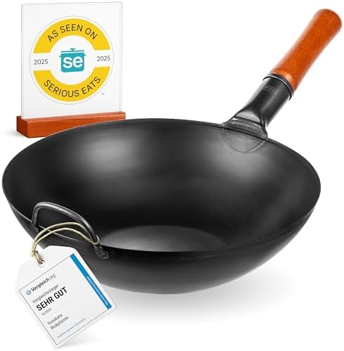 YOSUKATA Carbon Steel Wok Pan 13,5 “ + Lid 12.8 In for 13.5-In Wok + 17’’ Spatula and Ladle