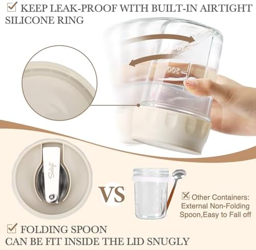 SOLIGT Overnight Oats Containers with Lids, Folding Spoons and Divided Compartment for Fruit & Nuts, Small Glass 16oz Mason Jars for Oatmeal Yogurt Parfait (2 Set-Smoke Gray/Oat White)