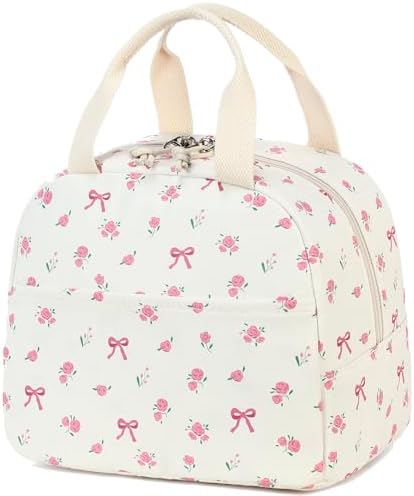 Bluboon Lunch Box for Women Cute Lunch Bag Reusable Insulated Lunch Bags Large Capacity Lunchbox Cooler for Work Picnic or Travel Gifts (Bow Floral Beige 212, 10 x 7.5 x 8 inches)
