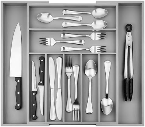 Purawood Bamboo Drawer Organizer - Expandable Silverware Organizer & Utensil Organizer, Cutlery Tray with Dividers, 7-9 Slots - Premium Kitchen Drawer Organizer for Utensils & Flatware (Grey)