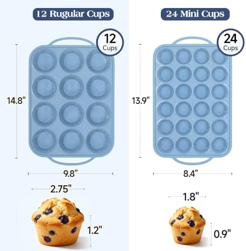 CAKETIME Silicone Muffin Pans for Baking, Metal Reinforced Frame Regular 12 Cups & Mini 24 Cups Cupcake Pan Set Nonstick Muffin Pan for Homemade Baking Easy to Handle