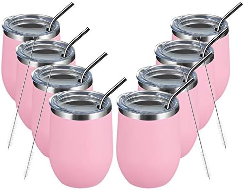 MEWAY 12 OZ/8 Pack Wine Tumbler Glasses with Lid - Stemless Double Wall Vacuum Stainless Steel Travel Tumbler - Keeping Cold & Hot for Wine,Coffee,Cocktails,Drinks-Family and Gifts (Pink,Set of 8)